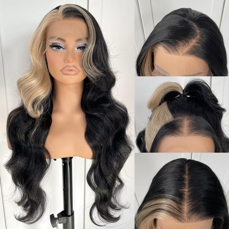MITIMES 13x6 Skunk Stripe Wig Glueless Lace Front Wigs Pre Plucked Synthetic Body Wave blonde wig Wear and Go lace front wig for black women - Image 1