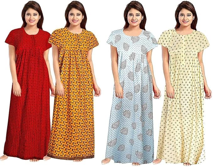 Vlazom Women's Cotton Nightgown – Pack of 4 Printed Maxi Nighties | Ankle Length Night Dress | Free Size Sleepwear (Option-2, Free Size) - Image 1