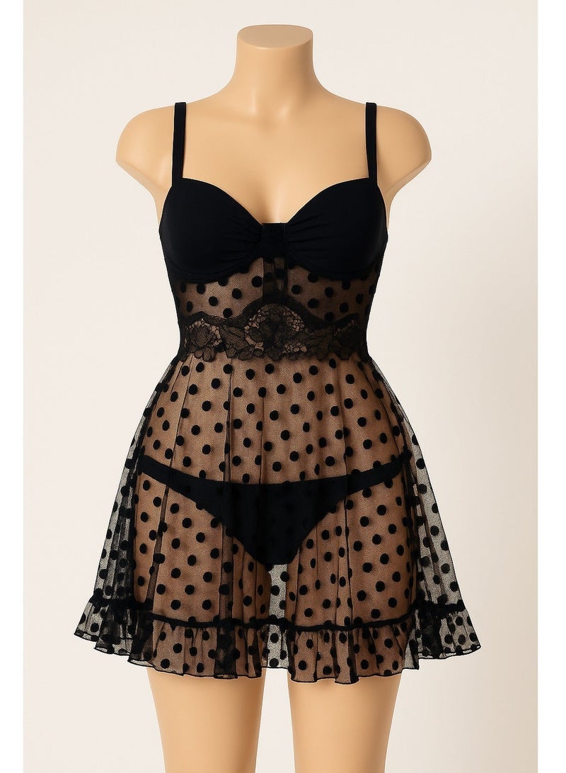 2 Pieces Women Lingerie Set Sheer Mesh Babydoll Nightdress with Matching Panty and Lace Wrist Gloves Soft Stretch Sleepwear Free Size Up to 75 Kg - Image 3