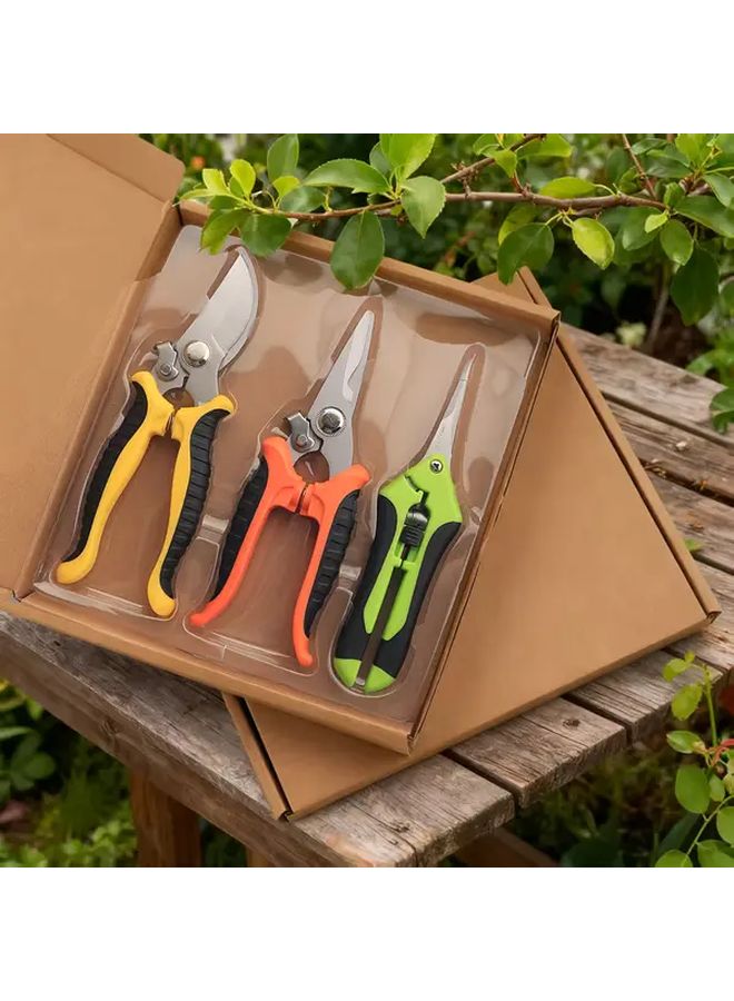 3 Piece Garden Pruning Shears Set Yellow Orange Green Non Slip Grips - Image 2