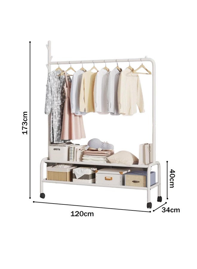 Lukzer حامل الملابس المعدني المتعدد الاستخدامات لوكزر MGR-008 بعمود واحد مع عجلات ورفين سفليين - حامل ملابس قابل للتحريك ومنظم تخزين لغرفة النوم، الممر (34 × 120 × 173 سم، أبيض) - Image 3