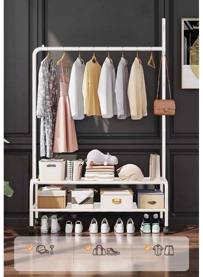 Lukzer حامل الملابس المعدني المتعدد الاستخدامات لوكزر MGR-008 بعمود واحد مع عجلات ورفين سفليين - حامل ملابس قابل للتحريك ومنظم تخزين لغرفة النوم، الممر (34 × 120 × 173 سم، أبيض) - Image 2