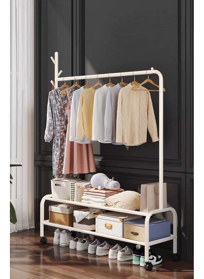 Lukzer حامل الملابس المعدني المتعدد الاستخدامات لوكزر MGR-008 بعمود واحد مع عجلات ورفين سفليين - حامل ملابس قابل للتحريك ومنظم تخزين لغرفة النوم، الممر (34 × 120 × 173 سم، أبيض) - Image 1