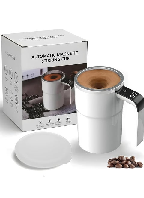 Electric Magnetic Self Stirring Coffee Mug with Lid, Automatic Magnetic Stirring Cup with Digital Display, Rechargeable Self-Mixing Coffee Mug for Coffee, Tea, Hot Chocolate (White)
