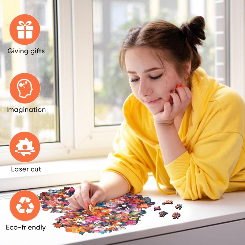 Mys Aurora Puzzles for Adults Heart Flower Wooden Puzzles, 200 Pieces Unique Shaped Jigsaw Puzzles for Adults, Fun Challenge Family Game 11.2'' x 10.8'' FSC Certified - Image 4
