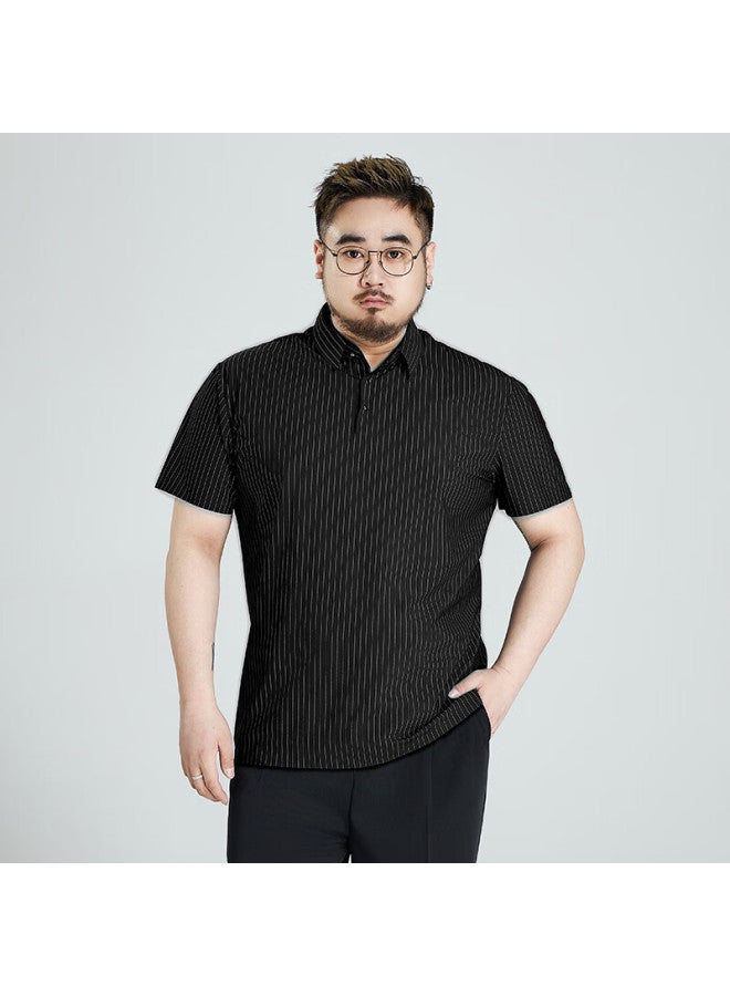 Ayoupang Ayoo Fat Summer Short-sleeve Ice Silk Plus-size Polo Shirt, Business Striped Loose Elastic T-shirt For Men, Black, 4XL - Image 4