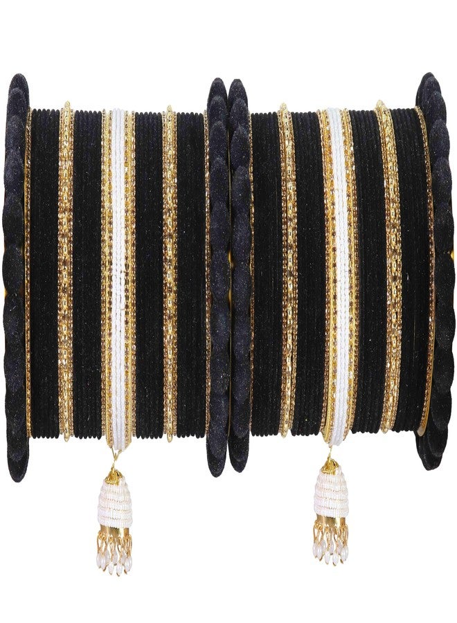NMII Traditional Metal Bangles Traditional Bridal Chuda Set For Women and Girls with Pearls & Zircon Stone| Trendy Wedding Chuda Bangles | Chuda Set Women | Chudi Set | Black Chuda-(Chuda97-Black-2.4) - Image 1