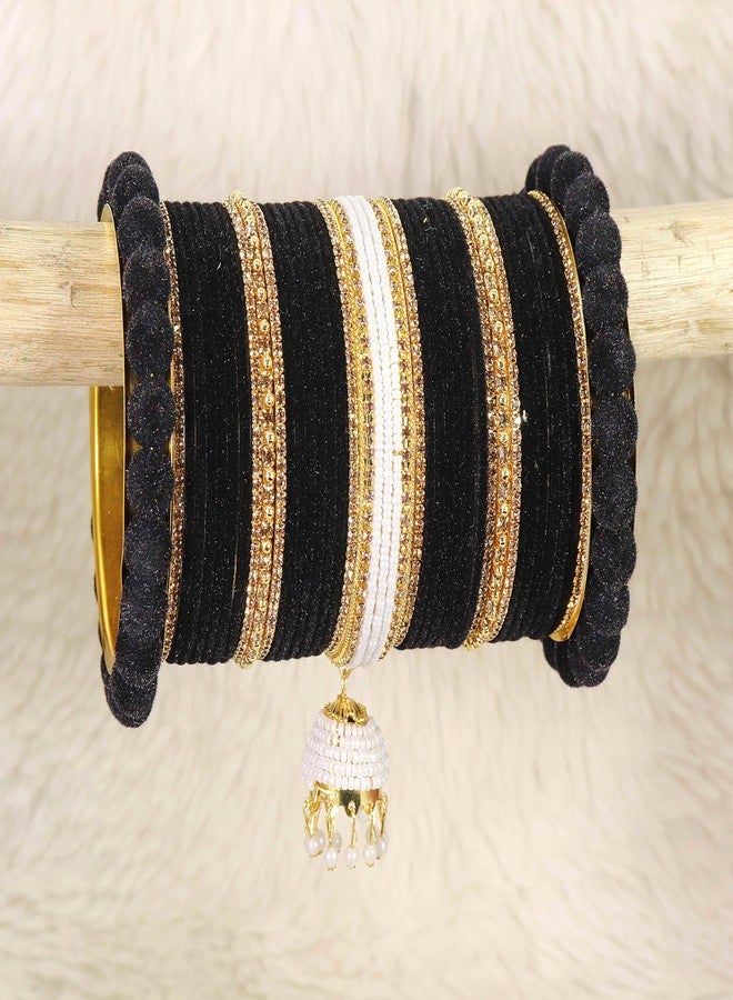 NMII Traditional Metal Bangles Traditional Bridal Chuda Set For Women and Girls with Pearls & Zircon Stone| Trendy Wedding Chuda Bangles | Chuda Set Women | Chudi Set | Black Chuda-(Chuda97-Black-2.4) - Image 2