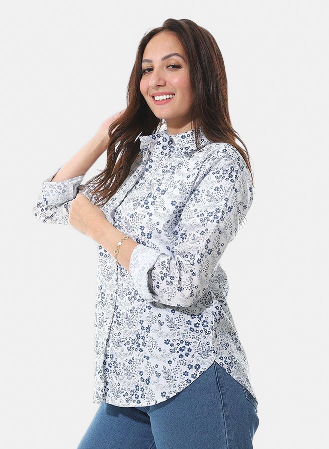 Andora Floral Pattern Buttons Closure Shirt _ White & Blue - Image 2
