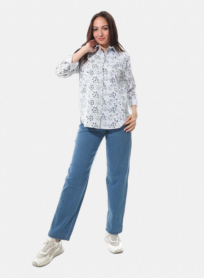 Andora Floral Pattern Buttons Closure Shirt _ White & Blue - Image 4