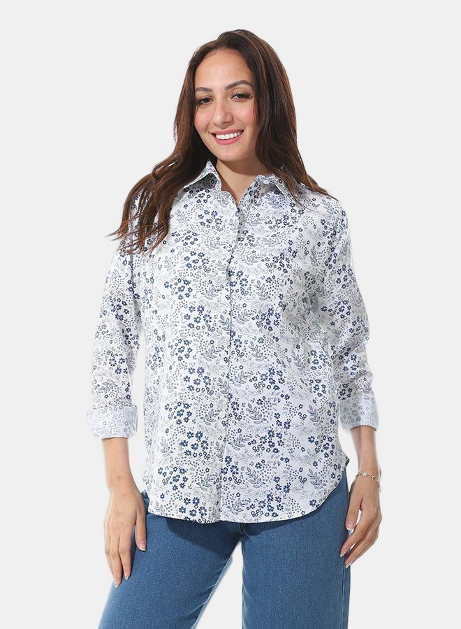 Andora Floral Pattern Buttons Closure Shirt _ White & Blue - Image 1
