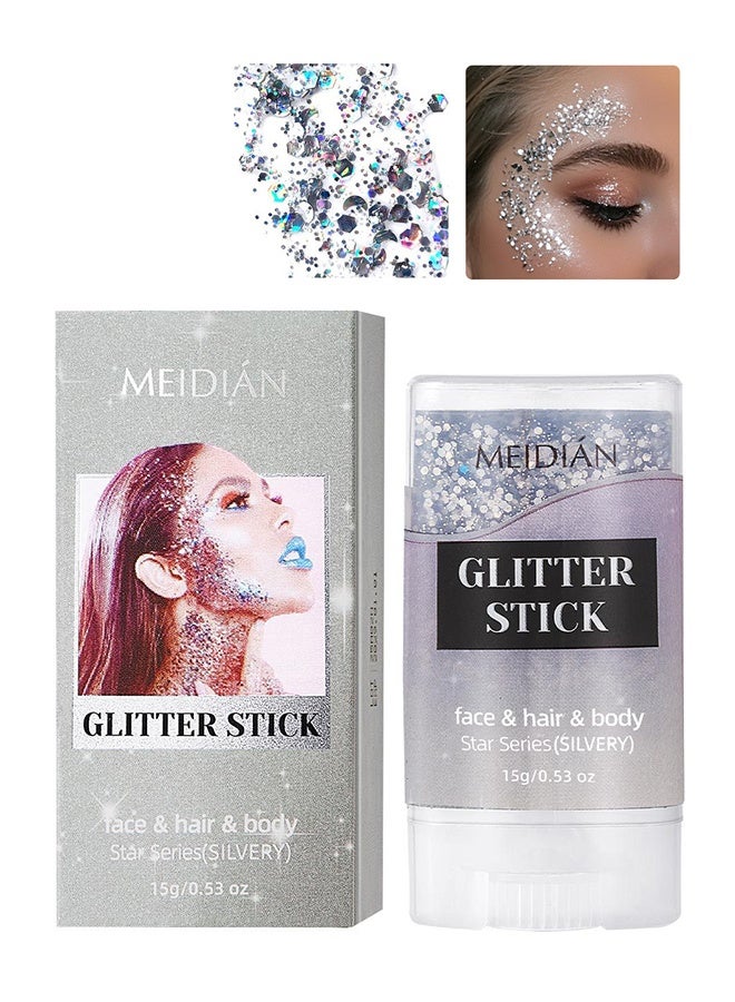 Meidián Silvery Glitter Stick,Waterproof Halloween Face Glitter Gel,Chunky Glitter Face Paint,Mermaid Sequin Hair Glitter Makeup,Sparkle Body Glitter for Women,Festival Accessories Glitter 15g - Image 1