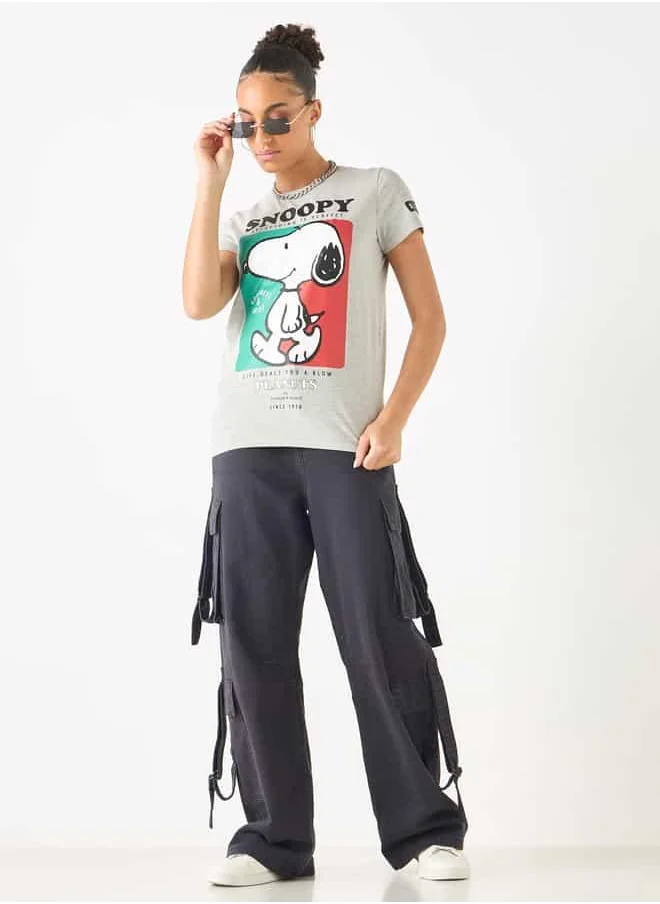 SP Characters Snoopy Print Crew Neck T-shirt with Short Sleeves