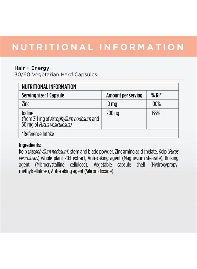 Vitamins Hair and Energy Formula Hair Growth Vitamins | Hair Vitamins for Women and Men | Zinc and Iodine Hair Supplements for Hair Growth | Hair Loss Supplements | (60 Capsules)
