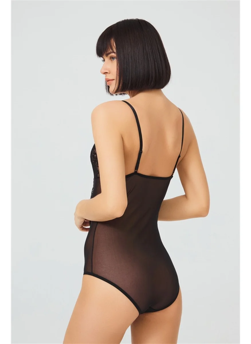 كوتن هيل Black Stud Lace Transparent Non-Wireless Women's Bodysuit