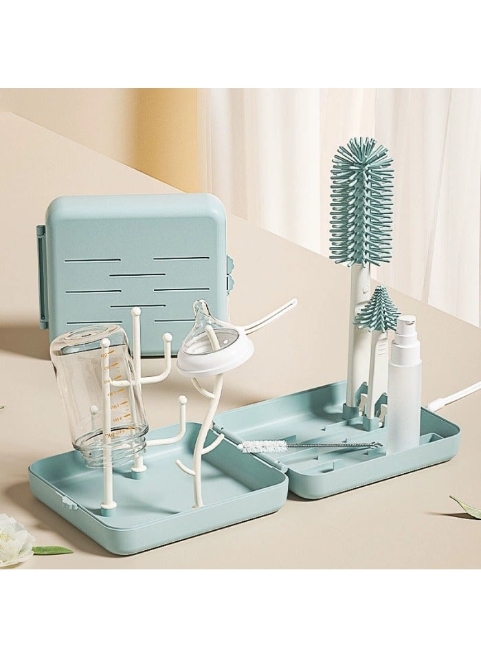 Bottle Brush Set -Baby Travel Essential-6 in 1 Bottle Cleaner Kit with Silicone Bottle Brush,Nipple Cleaner Brush,Straw Brush,Soap Dispenser,Storage Box,Bottle Drying Rack for Home and Travel - Image 1