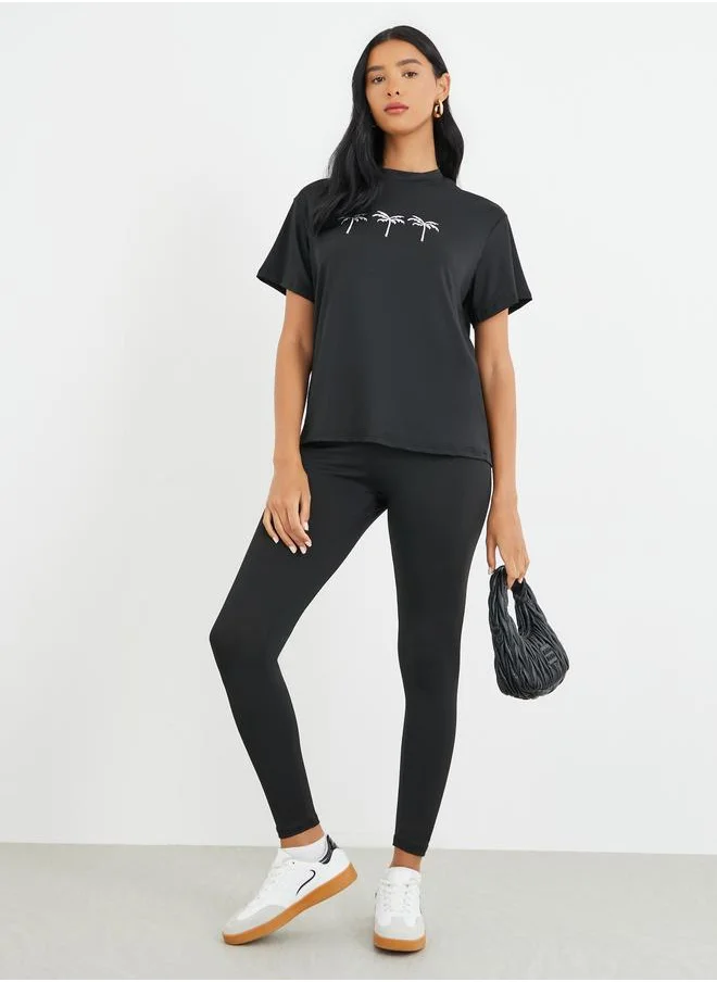 Take Two Take Two Embroidered Round Neck T-Shirt and Leggings Co-Ords