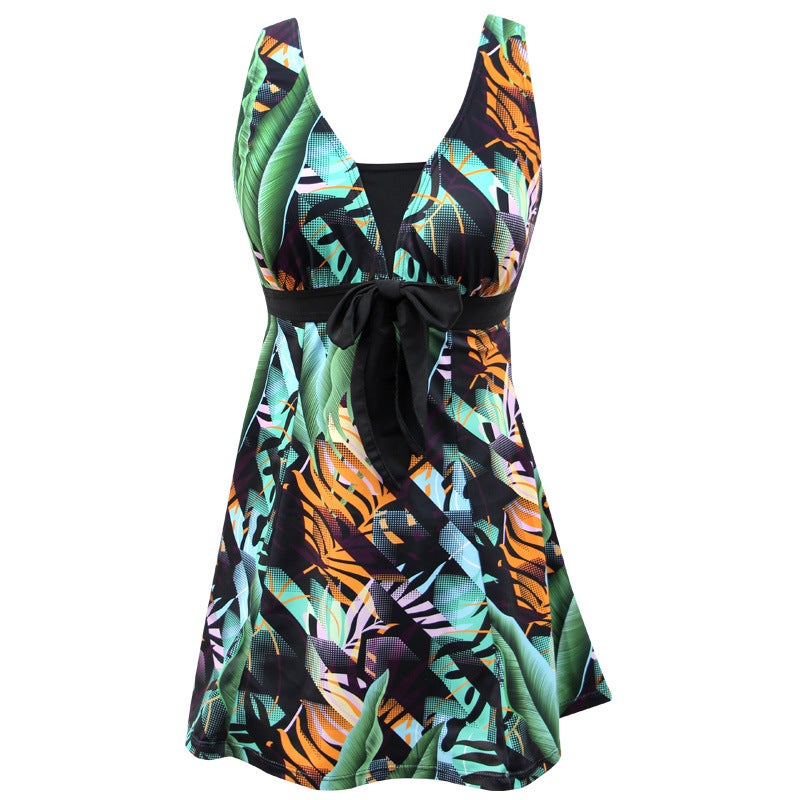 Swimwear Womens Conservative One-piece Belly-covering Slimming 2022 New Middle-aged and Elderly Mother Chubby Girl Plus Size Hot Spring Swimsuit Black Leaf