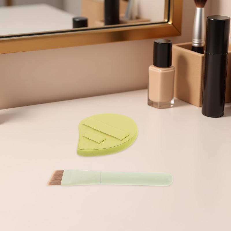 💄 طقم فرشاة كريم أساس مع اسفنجة مكياج خضراء ومسطرة مسطحة لخلط الكريم وفرشاة دمج الوجه - Image 5
