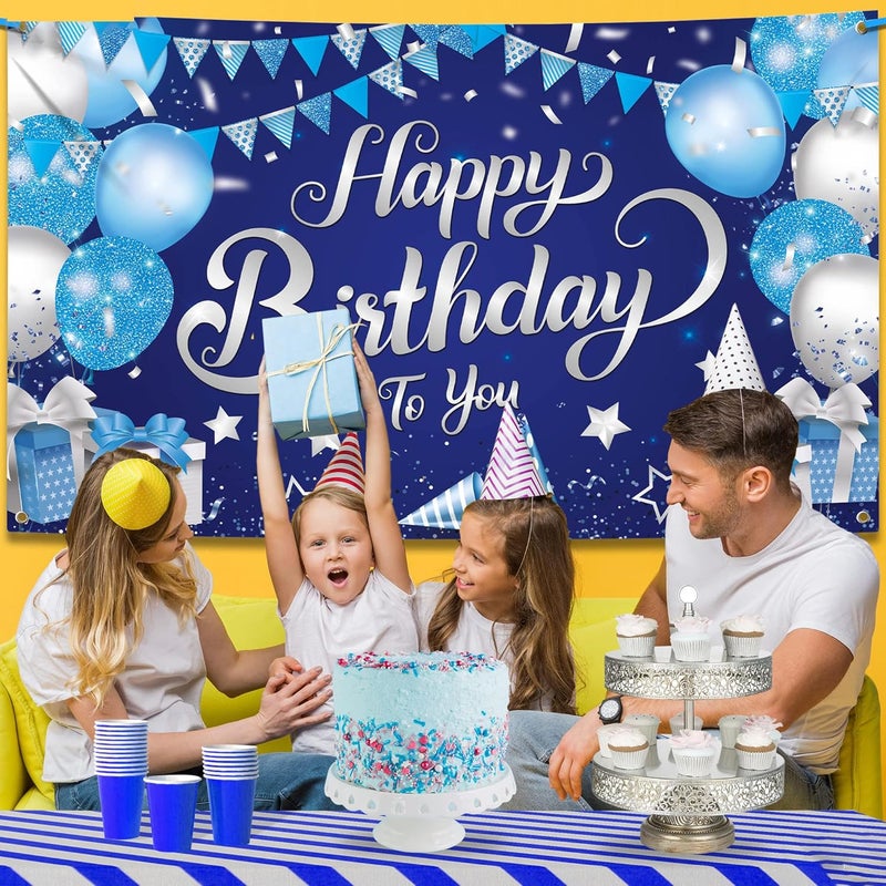 ELECDON Happy Birthday Banner - Blue and Silver - Image 2