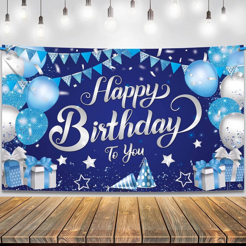 ELECDON Happy Birthday Banner - Blue and Silver - Image 1