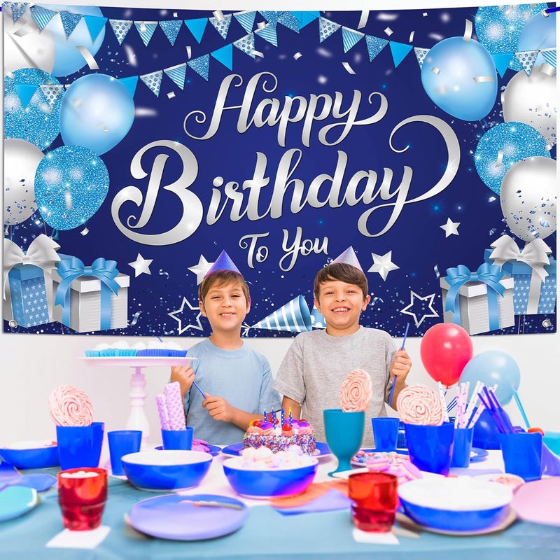 ELECDON Happy Birthday Banner - Blue and Silver - Image 4