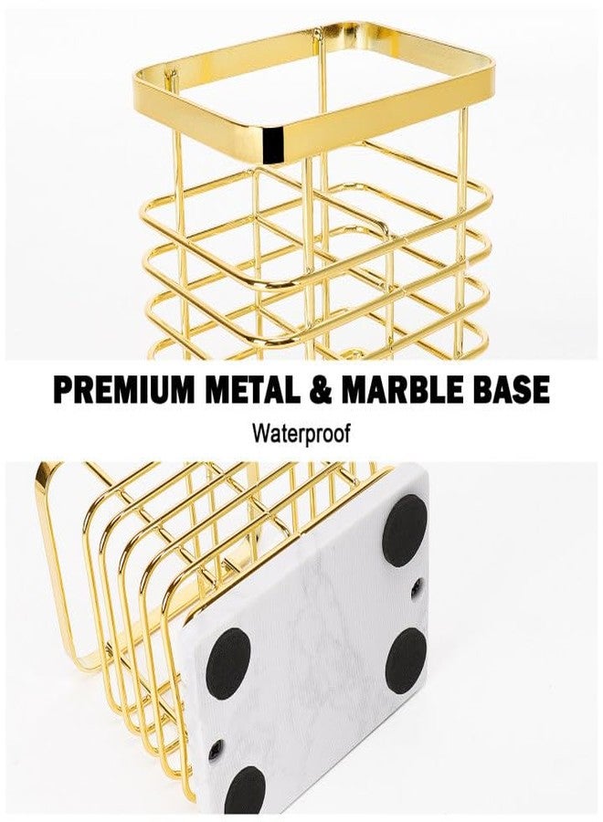 HarJue Toothbrush Holder, Luxurious Metal Toothbrush Toothpaste Holder with Marble Base for Bathroom, Multi-Slots Openwork Design, Bathroom Accessory for Storage and Organizer (Small, Gold) - Image 4
