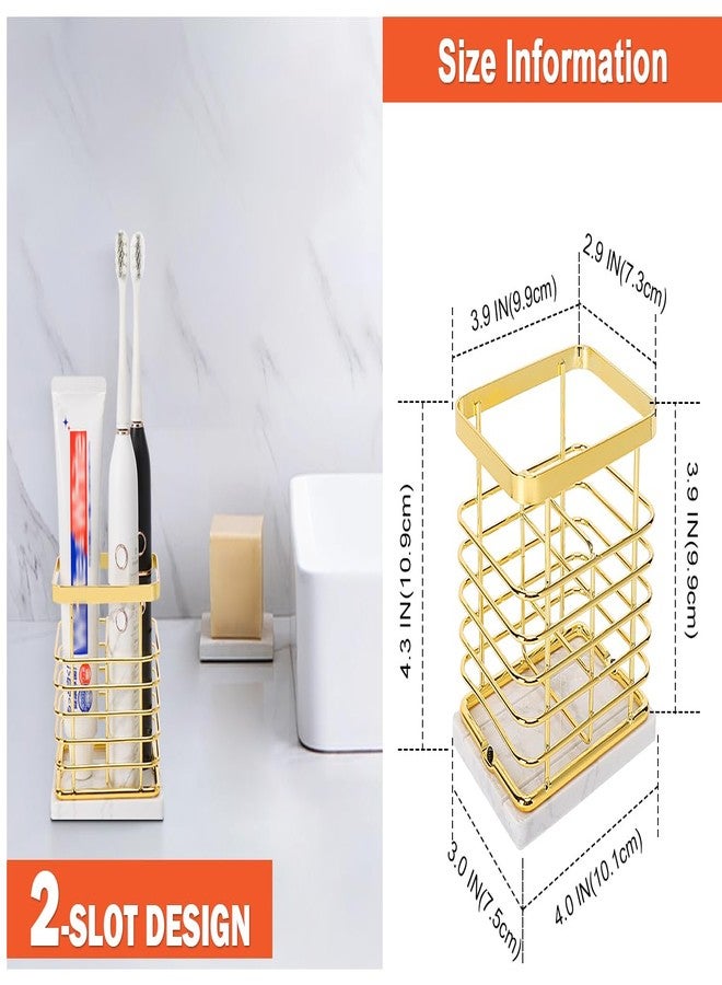 HarJue Toothbrush Holder, Luxurious Metal Toothbrush Toothpaste Holder with Marble Base for Bathroom, Multi-Slots Openwork Design, Bathroom Accessory for Storage and Organizer (Small, Gold) - Image 2