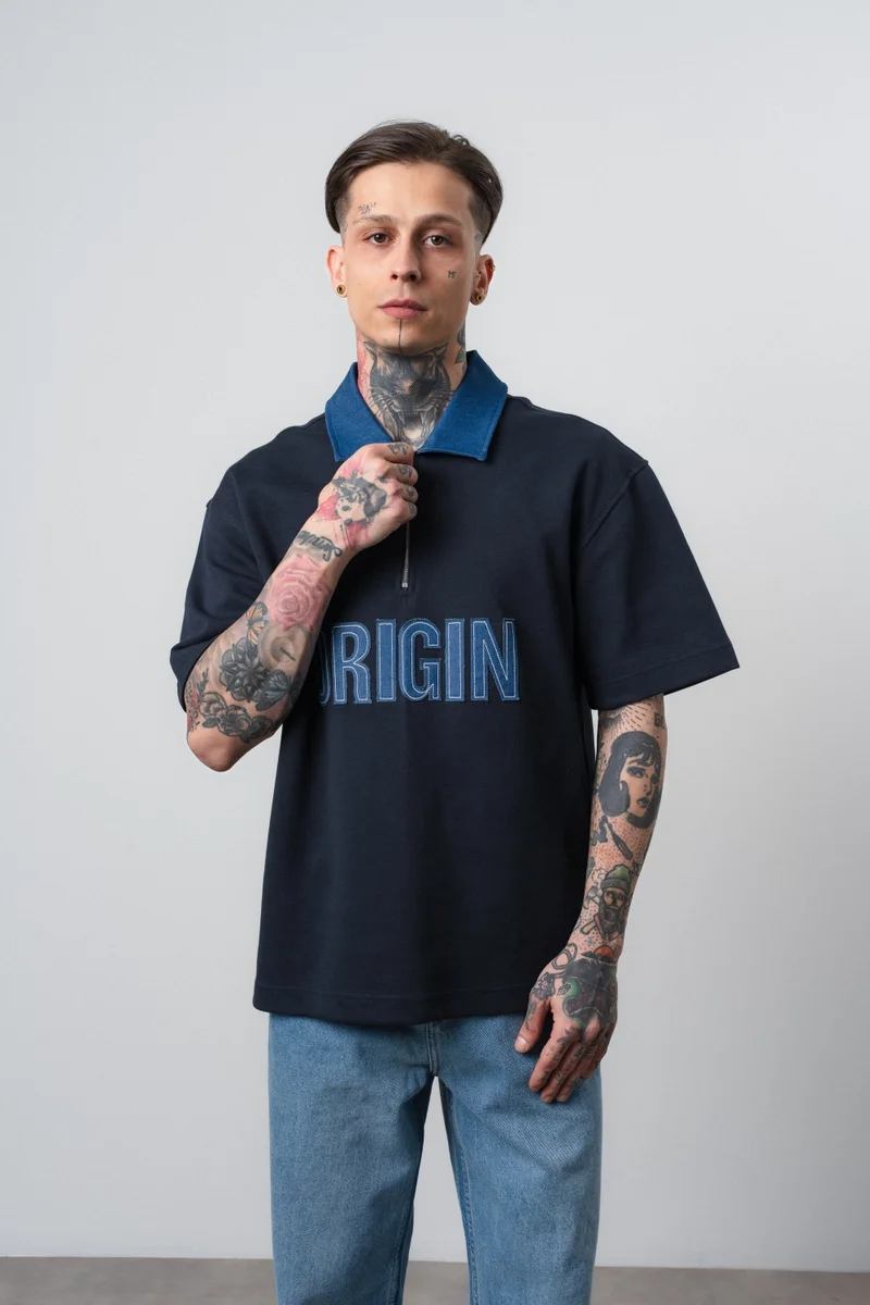 Respire Men's Origin Embroidered Polo Collar Regular Fit T-Shirt Navy Blue