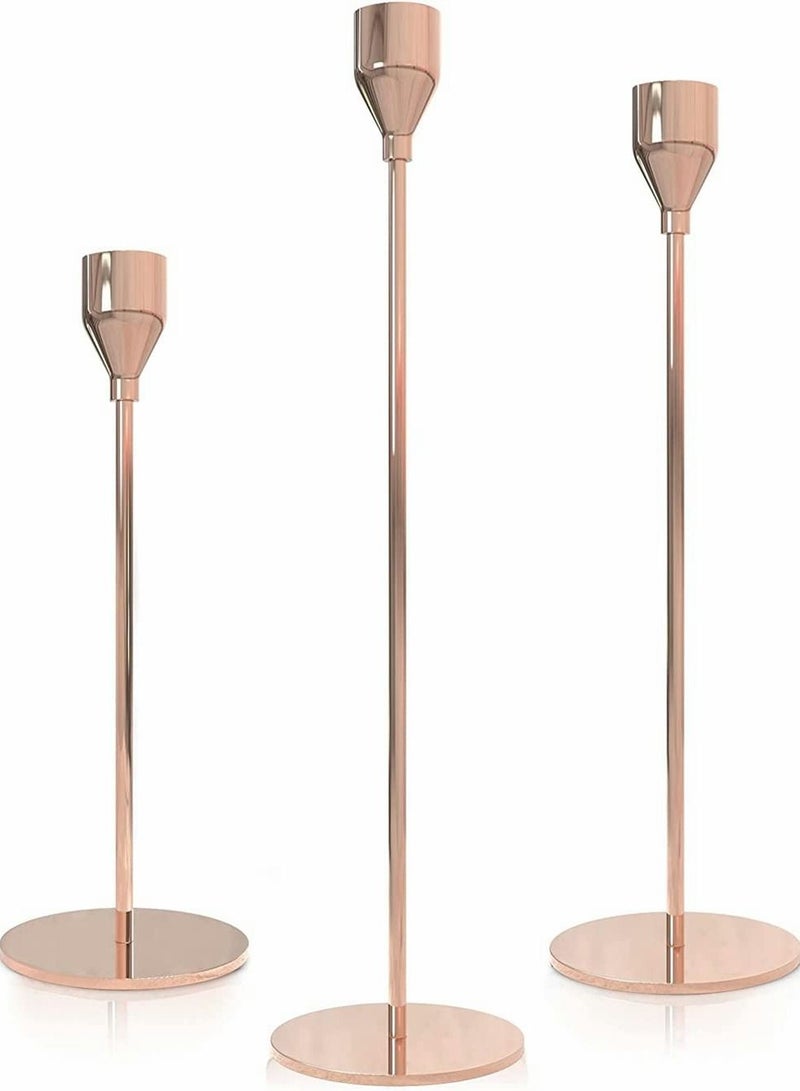 Candlestick Holders for Taper Candles, Set of 3 Candle Candlesticks, Ideal Home Décor, Wedding, Birthday Party, Date Night, Dinning or Other Special Occasions (Rose Gold)  - Image 1