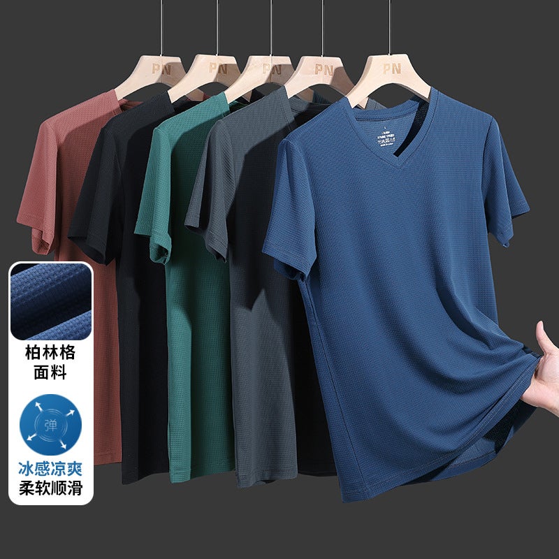 Men'S V-Neck Ice Silk Short Sleeve T-Shirt 2024 Fashion Chicken Heart Collar Sports Plus Size Thin T-Shirt Men'S Summer Clothing - Image 2