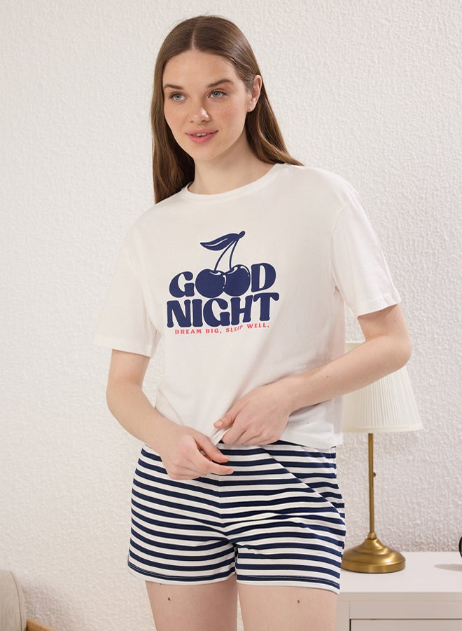 trendyol Women's Mini Me/Mom Girl Navy Blue 100% Cotton CherryStriped Shorts Knitted Pajamas Set - Image 3