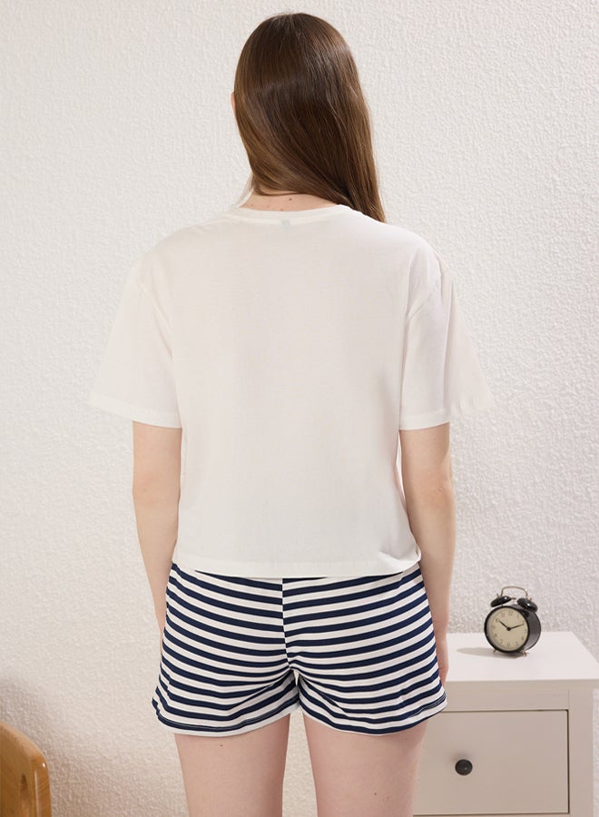 trendyol Women's Mini Me/Mom Girl Navy Blue 100% Cotton CherryStriped Shorts Knitted Pajamas Set - Image 5