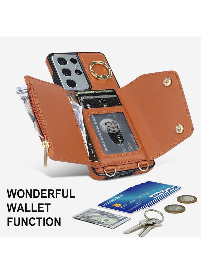 اس-توب جراب لهاتف Samsung Galaxy S21 Ultra 5G مع حقيبة بطاقات بسحاب وحبل مزدوج - Image 5