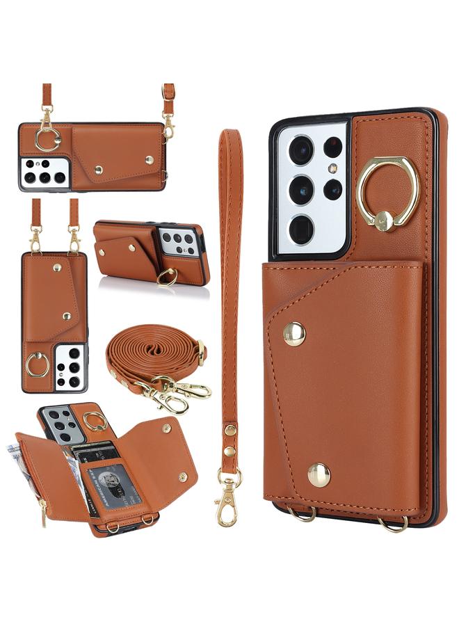 اس-توب جراب لهاتف Samsung Galaxy S21 Ultra 5G مع حقيبة بطاقات بسحاب وحبل مزدوج - Image 1