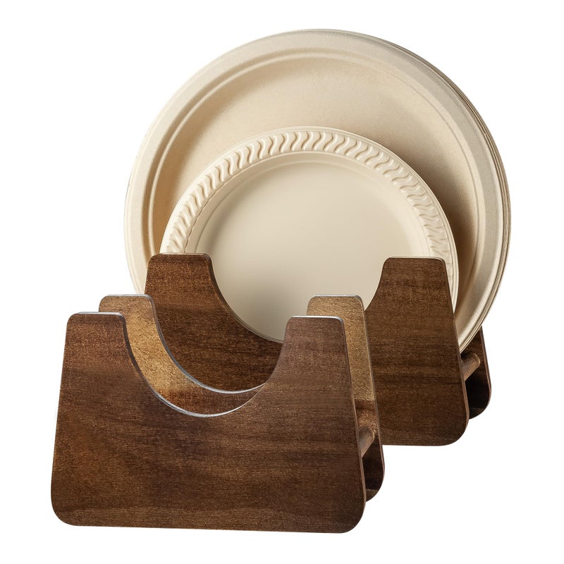 PTSTING Paper Plate Dispenser 2 PCS Acacia Wood Foam Plate Storage Organizer for 7-10 inch Disposable Plate,Paper Plate Holder for Cabinet,Countertop,RV or Outdoor - Image 1