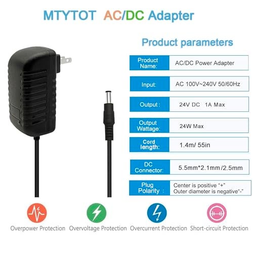 MTYTOT DC 24V 1A Power Supply Adapter 24W AC Adapter 100-240V 50-60Hz to DC 24 Volts 1Amp 4.6ft Power Cord Transformer with 5.5mm X 2.5mm/2.1mm US Plug for DC24V 1A LED Strip Light CCTV Camera - Image 2