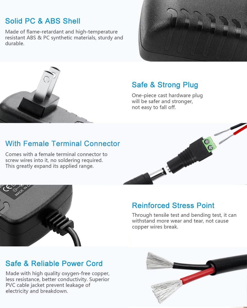 MTYTOT DC 24V 1A Power Supply Adapter 24W AC Adapter 100-240V 50-60Hz to DC 24 Volts 1Amp 4.6ft Power Cord Transformer with 5.5mm X 2.5mm/2.1mm US Plug for DC24V 1A LED Strip Light CCTV Camera - Image 4