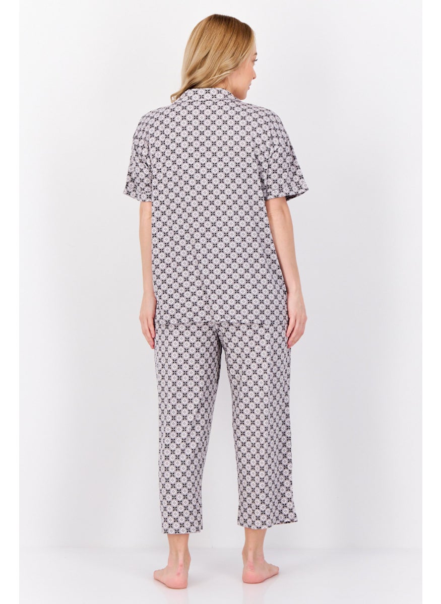 ELLEN TRACY Women 2 Pieces Allover Print Pajama Set, Grey  - Image 4