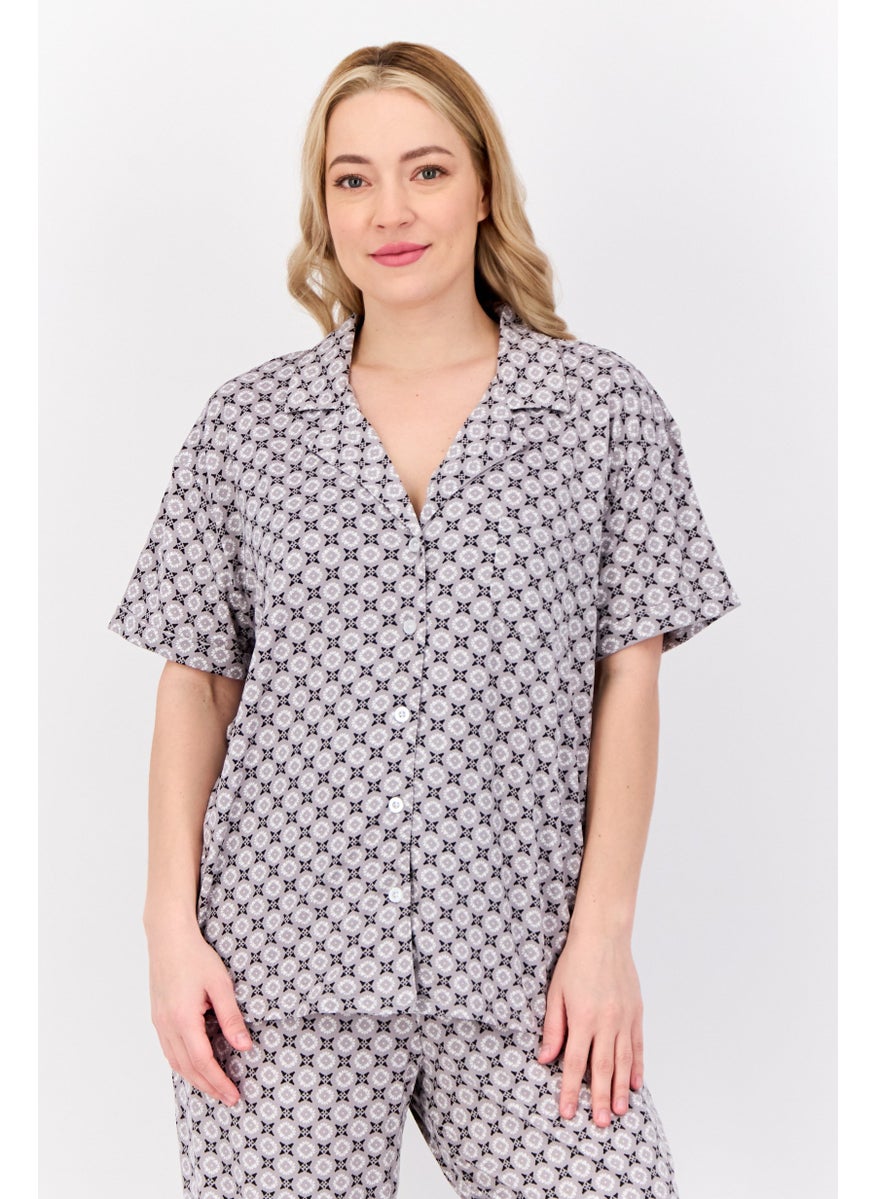 ELLEN TRACY Women 2 Pieces Allover Print Pajama Set, Grey  - Image 3