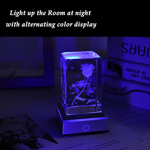 Movdyka Anniversary Birthday Gifts for Girlfriend Wife Mom Cute, 3D Laser Crystal Rose Flower Christmas Valentines Day I Love You Gifts Night Light Romantic for Boyfriend Couples Her Him - Image 4