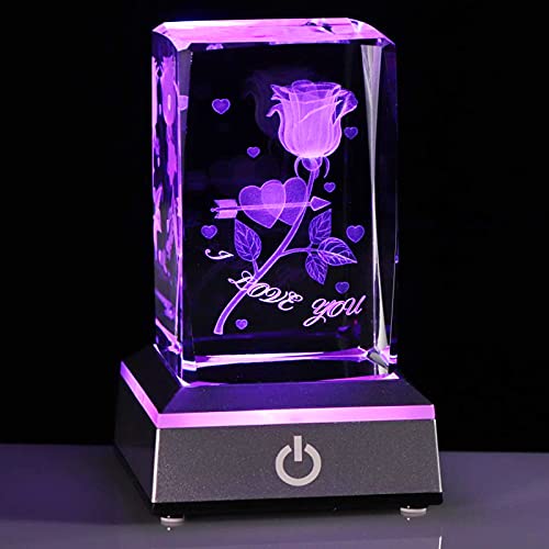 Movdyka Anniversary Birthday Gifts for Girlfriend Wife Mom Cute, 3D Laser Crystal Rose Flower Christmas Valentines Day I Love You Gifts Night Light Romantic for Boyfriend Couples Her Him - Image 1