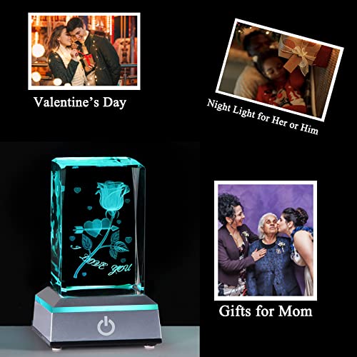 Movdyka Anniversary Birthday Gifts for Girlfriend Wife Mom Cute, 3D Laser Crystal Rose Flower Christmas Valentines Day I Love You Gifts Night Light Romantic for Boyfriend Couples Her Him - Image 3