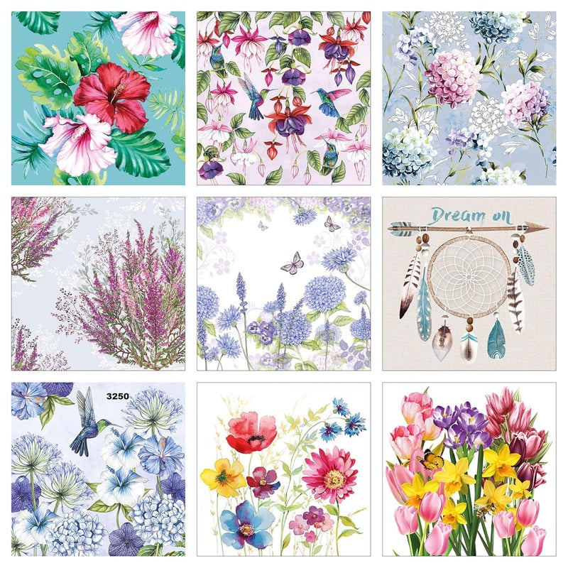 مناديل ورقية مزخرفة بتصميم زهور عباد الشمس والورد والتوليب والخشخاش والهيبسكوس - مجموعة 23-9 من المناديل المزخرفة - 1 منديل من كل تصميم - إجمالي 9 قطع - Image 1