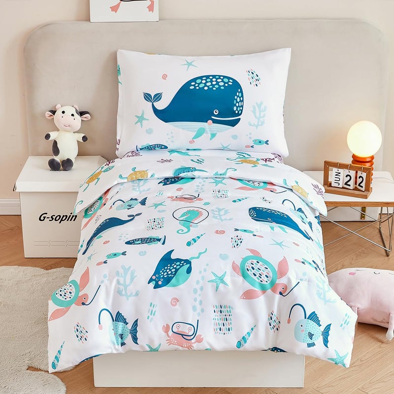 PERFEMET 4 Pcs Toddler Bedding Set Ocean Themed Toddler Comforter for Girl Soft Reversible Under Sea Animals White Toddler Bed in A Bag for Boys Girls(White, Whales) - Image 1