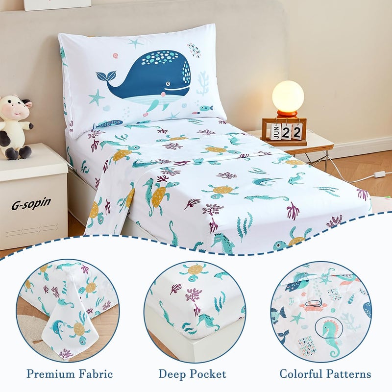 PERFEMET 4 Pcs Toddler Bedding Set Ocean Themed Toddler Comforter for Girl Soft Reversible Under Sea Animals White Toddler Bed in A Bag for Boys Girls(White, Whales) - Image 4