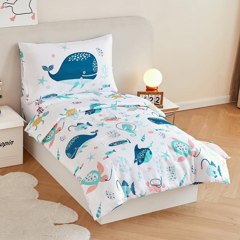 PERFEMET 4 Pcs Toddler Bedding Set Ocean Themed Toddler Comforter for Girl Soft Reversible Under Sea Animals White Toddler Bed in A Bag for Boys Girls(White, Whales) - Image 2