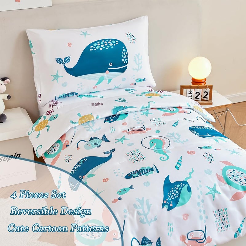 PERFEMET 4 Pcs Toddler Bedding Set Ocean Themed Toddler Comforter for Girl Soft Reversible Under Sea Animals White Toddler Bed in A Bag for Boys Girls(White, Whales) - Image 3