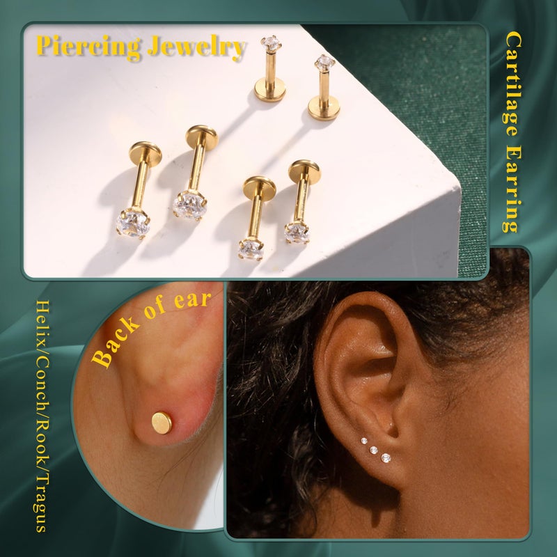 GEMQUEEN G23 Titanium Flat Back Earrings Hypoallergenic - 14K Gold Filled Internal Thread Stud Earring 16G Cartilage Helix Tragus Conch Medusa Piercing Jewelry Nose Lip Labret Studs for Women Men - Image 2
