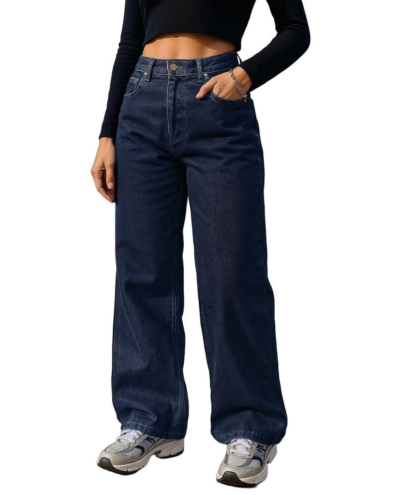 Bewakoof Women's Solid High Rise Straight Fit Cotton High Rise Baggy Jeans_625178_Blue_36 - Image 2